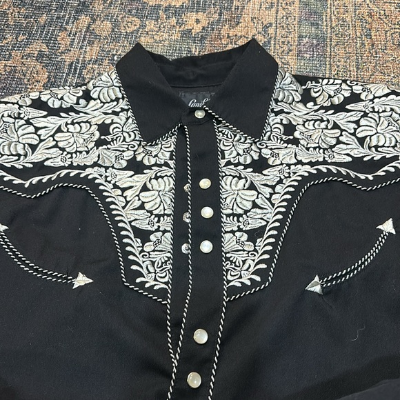Lansky Bros Floral Embroidered Western Shirt Mens m Black Pearl Snap Rockabilly - Picture 6 of 8